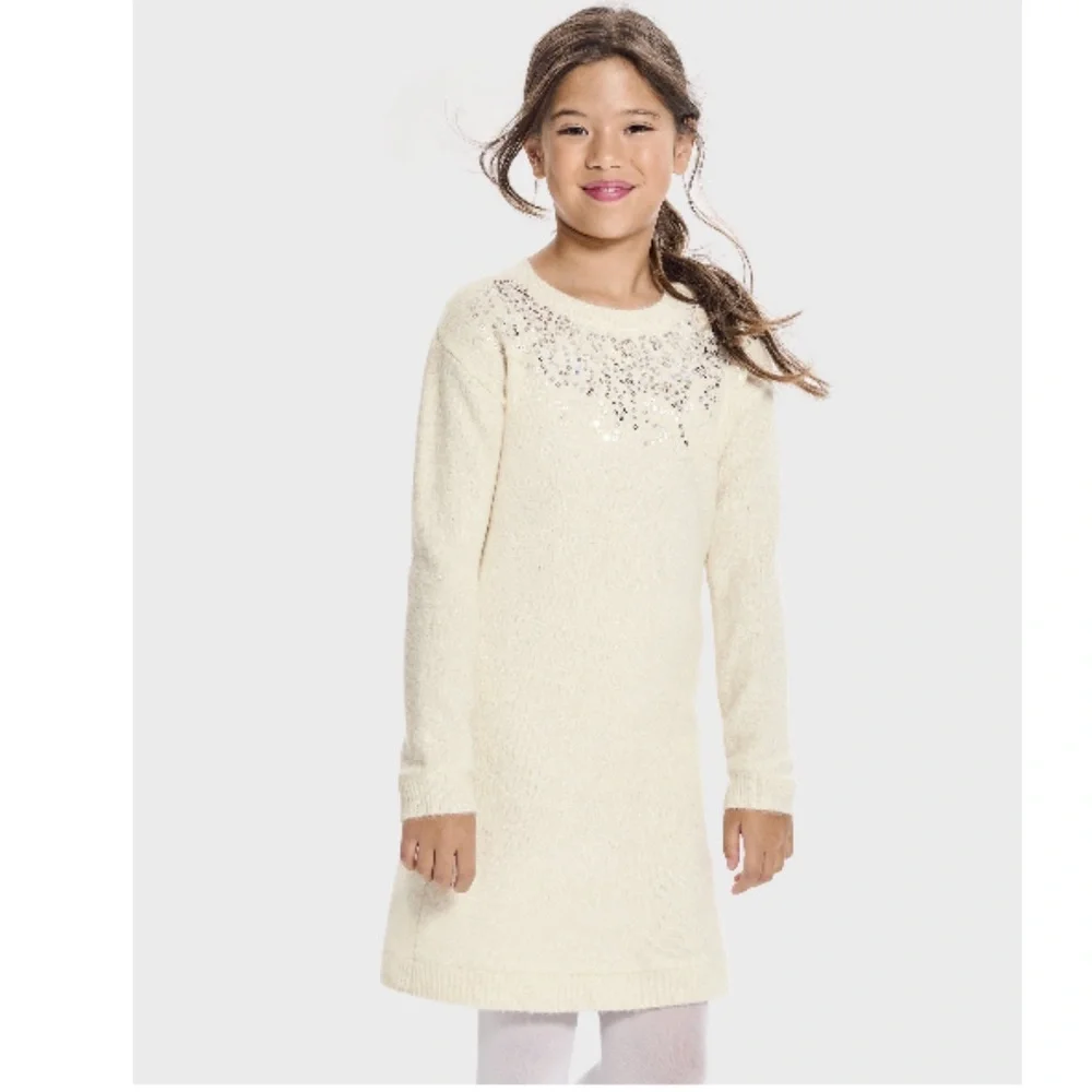The Children’s Place Girls Cream Sequin Sweater Dress Size L (10-12) NWT